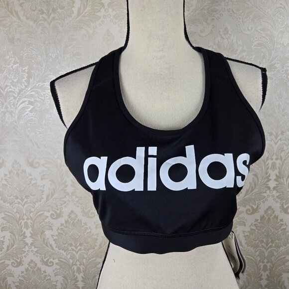Adidas Size XL Black Sports Bra with White Graphics Racerback Pull On Style NWT - Picture 1 of 11